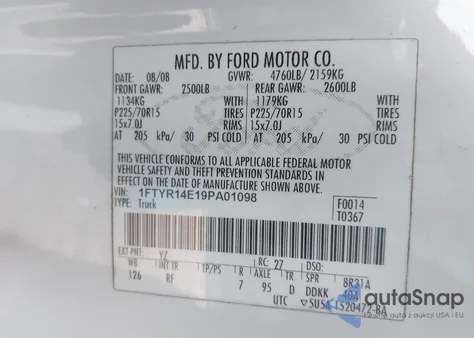 2009 Ford Ranger Sport/Xl/Xlt из США, поврежденный, VIN 1FTYR14E19PA01098